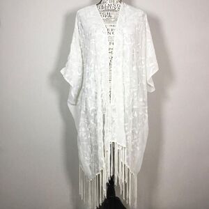 White fringed coverup kimono robe duster open front embroidery fairy bridal O/S